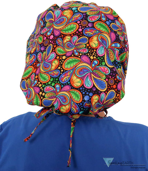 Stylish American Made Banded Bouffant Ponytail Scrub Cap - Bright Flower Paisley Banded Bouffant Surgical Scrub Caps