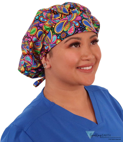 Stylish American Made Banded Bouffant Ponytail Scrub Cap - Bright Flower Paisley Banded Bouffant Surgical Scrub Caps