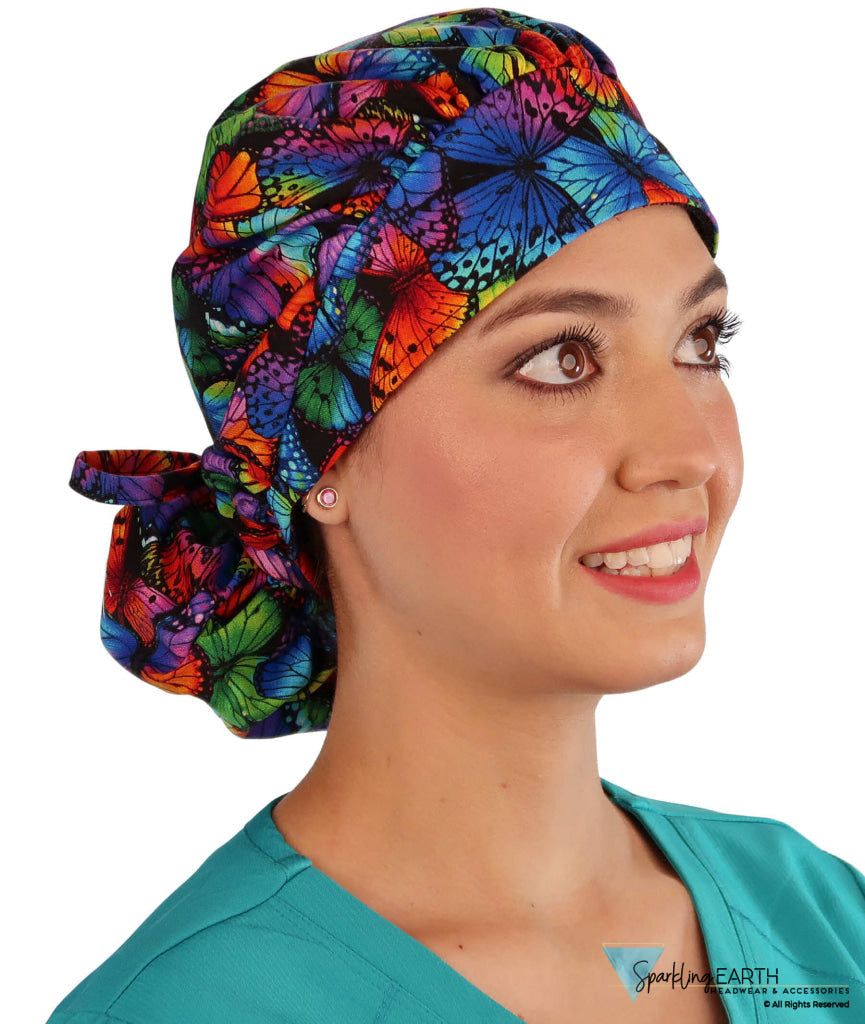 Stylish American Made Banded Bouffant Ponytail Scrub Cap - Butterfly Me Away Banded Bouffant Surgical Scrub Caps