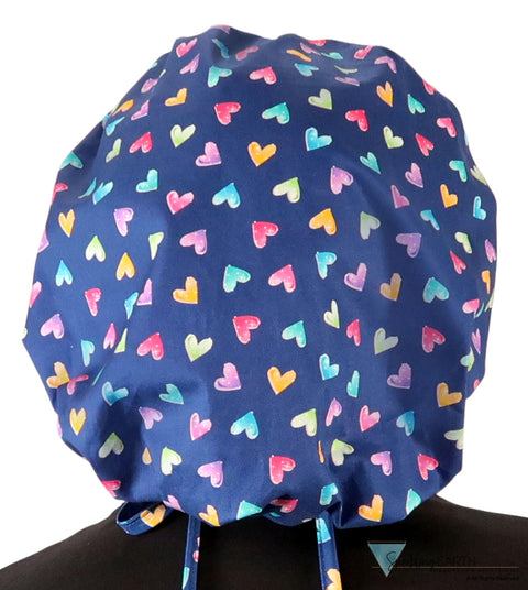 Stylish American Made Banded Bouffant Ponytail Scrub Cap - Candy Heart Parade Banded Bouffant Surgical Scrub Caps