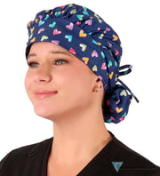 Stylish American Made Banded Bouffant Ponytail Scrub Cap - Candy Heart Parade Banded Bouffant Surgical Scrub Caps