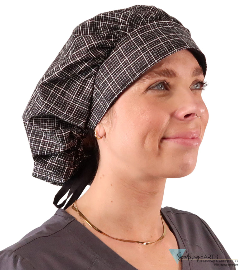 Stylish American Made Banded Bouffant Ponytail Scrub Cap - Check Mate with Black Ties Banded Bouffant Surgical Scrub