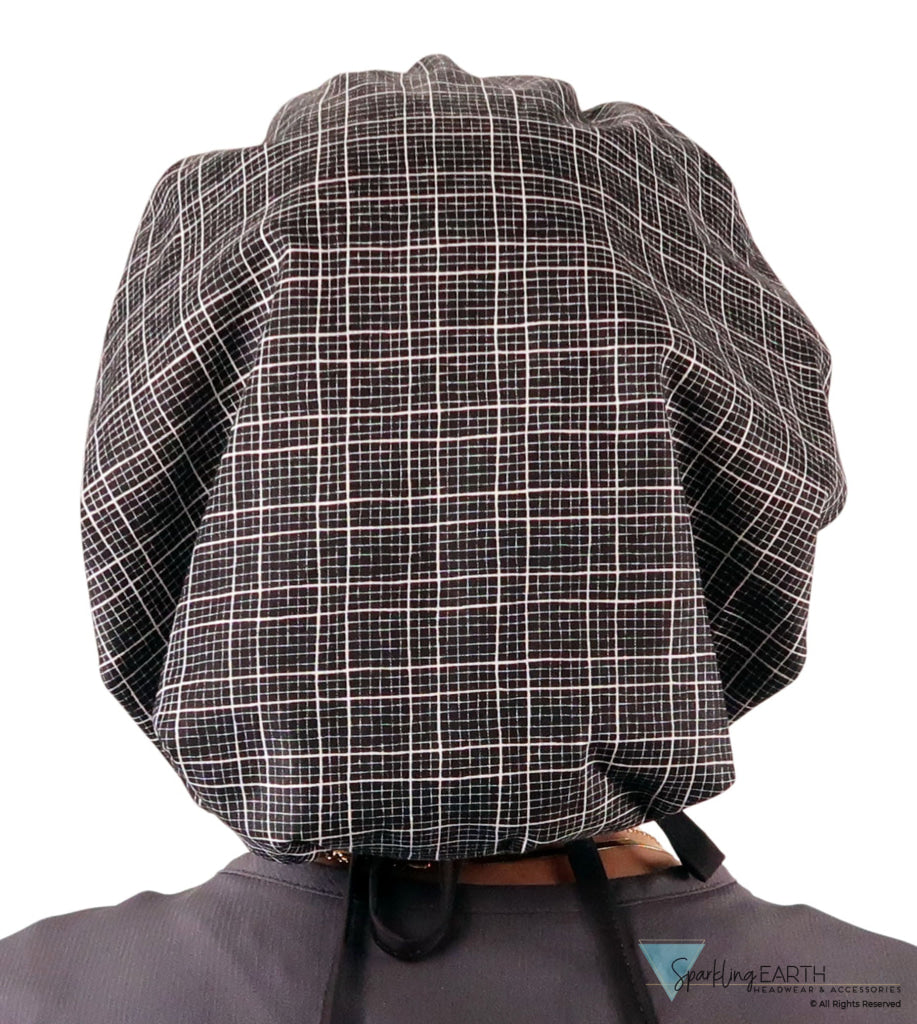 Stylish American Made Banded Bouffant Ponytail Scrub Cap - Check Mate with Black Ties Banded Bouffant Surgical Scrub