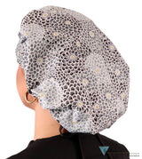 Stylish American Made Banded Bouffant Ponytail Scrub Cap - Dazzling Dahlias Black & Grey with Black Ties Banded