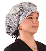 Stylish American Made Banded Bouffant Ponytail Scrub Cap - Dazzling Dahlias Black & Grey with Black Ties Banded