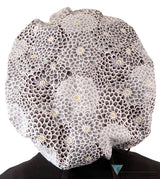 Stylish American Made Banded Bouffant Ponytail Scrub Cap - Dazzling Dahlias Black & Grey with Black Ties Banded