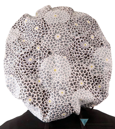 Stylish American Made Banded Bouffant Ponytail Scrub Cap - Dazzling Dahlias Black & Grey with Black Ties Banded