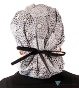Stylish American Made Banded Bouffant Ponytail Scrub Cap - Dazzling Dahlias Black & Grey with Black Ties Banded