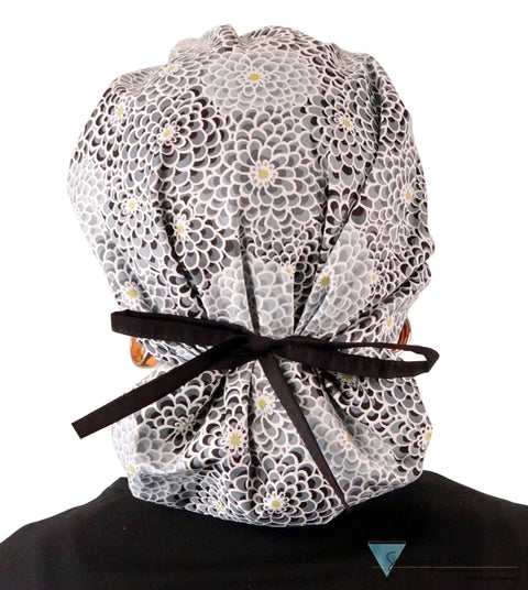 Stylish American Made Banded Bouffant Ponytail Scrub Cap - Dazzling Dahlias Black & Grey with Black Ties Banded