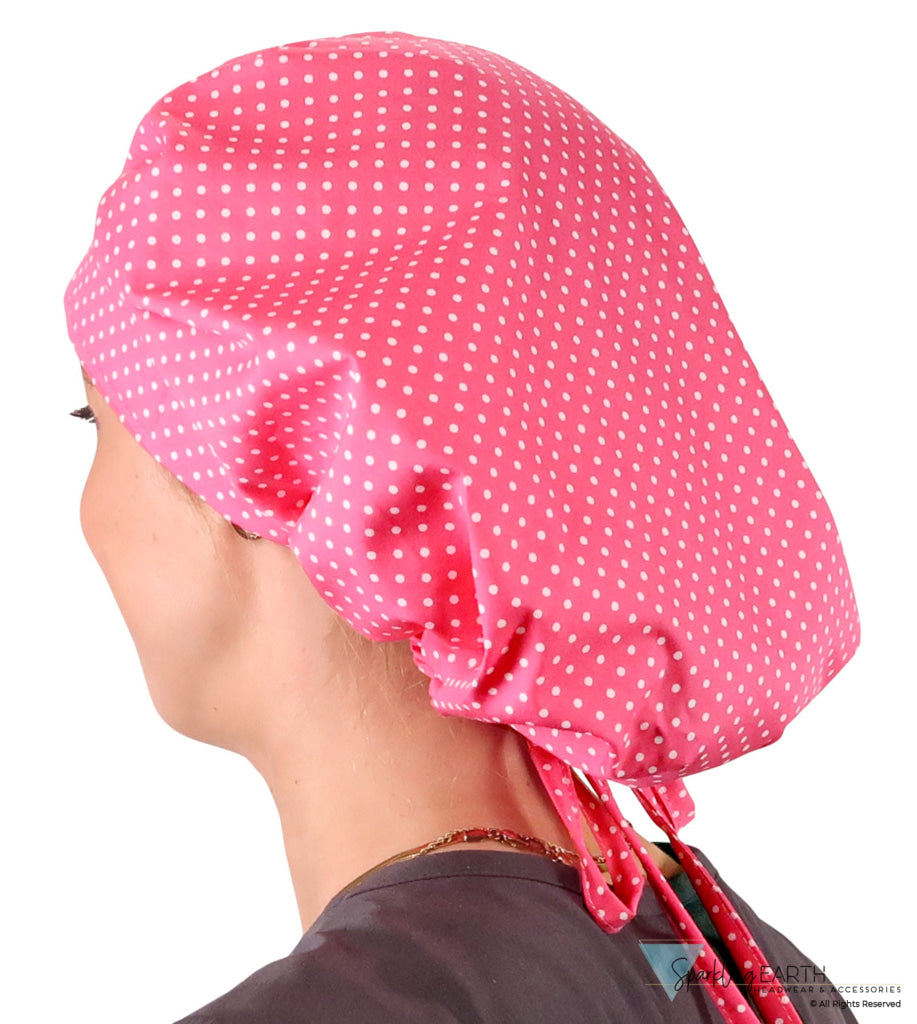 Stylish American Made Banded Bouffant Ponytail Scrub Cap - Delightful Polka Dots Banded Bouffant Surgical Scrub Caps