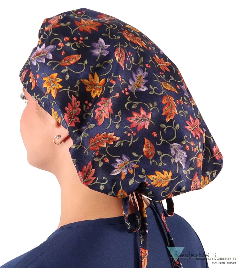 Stylish American Made Banded Bouffant Ponytail Scrub Cap - Falling Leaves on Navy Banded Bouffant Surgical Scrub Caps