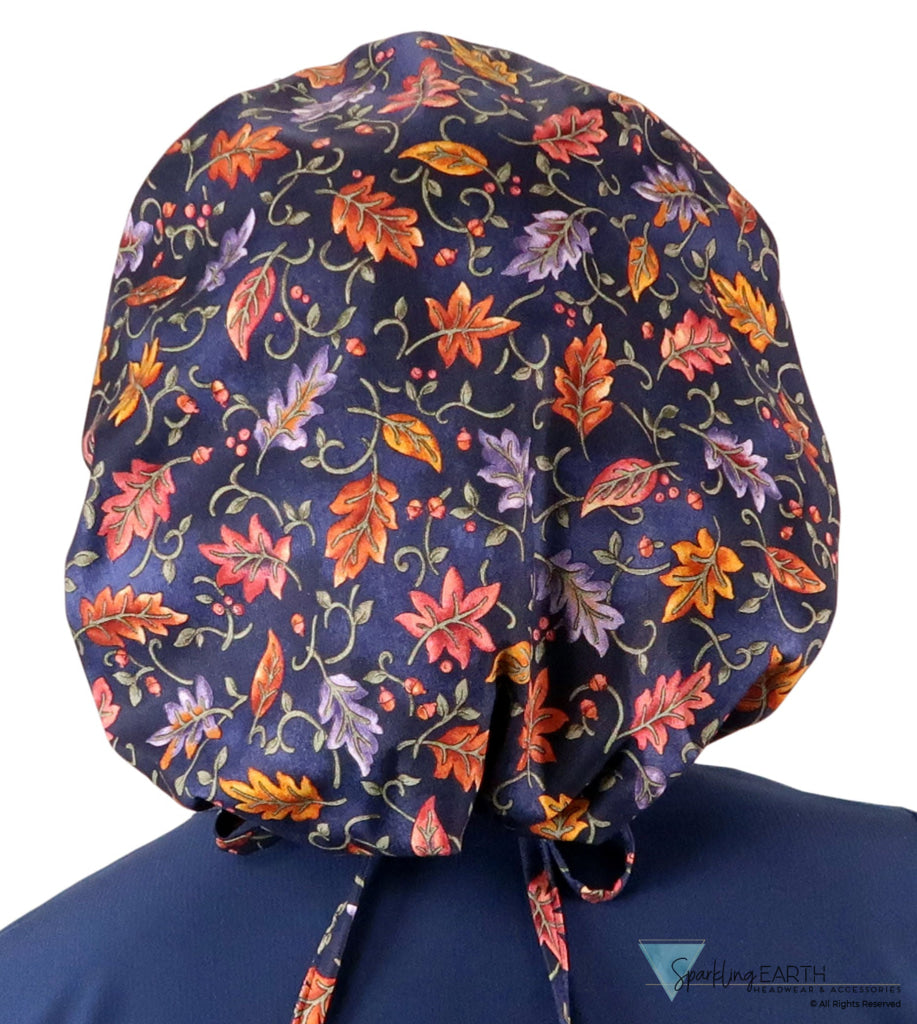 Stylish American Made Banded Bouffant Ponytail Scrub Cap - Falling Leaves on Navy Banded Bouffant Surgical Scrub Caps
