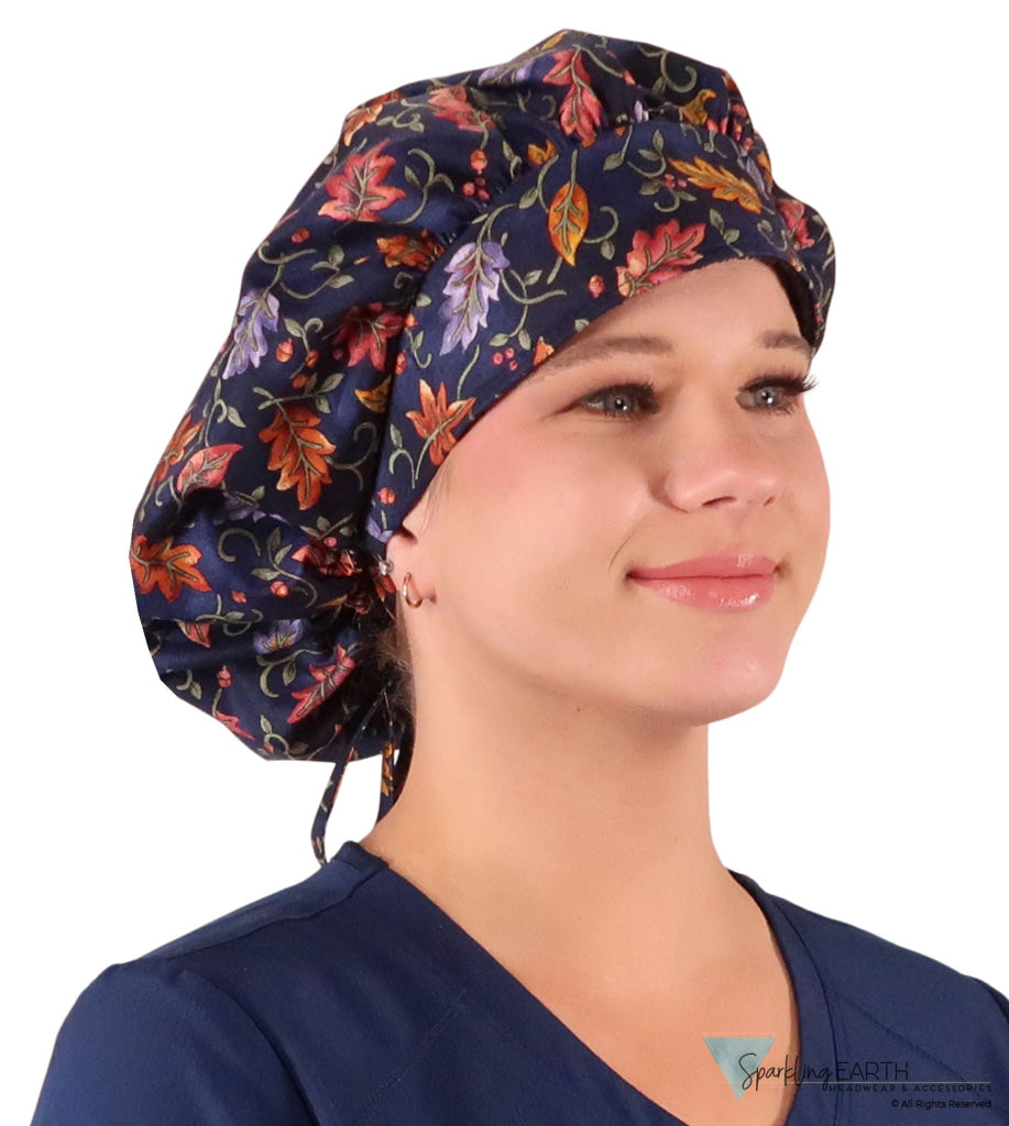 Stylish American Made Banded Bouffant Ponytail Scrub Cap - Falling Leaves on Navy Banded Bouffant Surgical Scrub Caps