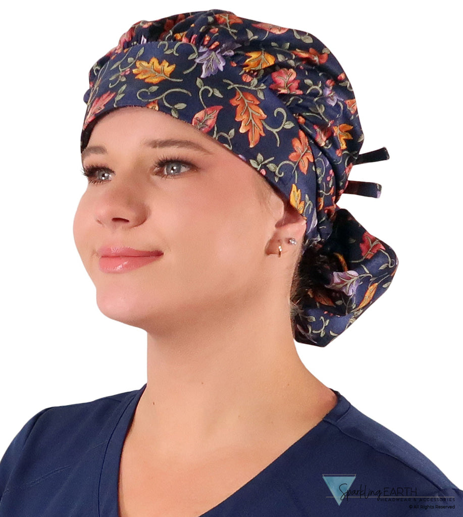 Stylish American Made Banded Bouffant Ponytail Scrub Cap - Falling Leaves on Navy Banded Bouffant Surgical Scrub Caps