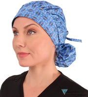 Stylish American Made Banded Bouffant Ponytail Scrub Cap - Golden Metallic Blue Blossoms Banded Bouffant Surgical Scrub