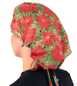 Stylish American Made Banded Bouffant Ponytail Scrub Cap - Golden Metallic Poinsettias Banded Bouffant Surgical Scrub