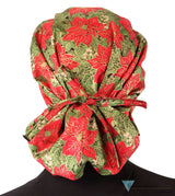 Stylish American Made Banded Bouffant Ponytail Scrub Cap - Golden Metallic Poinsettias Banded Bouffant Surgical Scrub