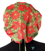 Stylish American Made Banded Bouffant Ponytail Scrub Cap - Golden Metallic Poinsettias Banded Bouffant Surgical Scrub