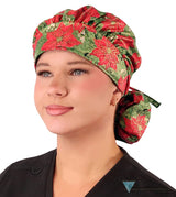 Stylish American Made Banded Bouffant Ponytail Scrub Cap - Golden Metallic Poinsettias Banded Bouffant Surgical Scrub