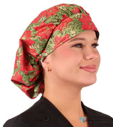 Stylish American Made Banded Bouffant Ponytail Scrub Cap - Golden Metallic Poinsettias Banded Bouffant Surgical Scrub