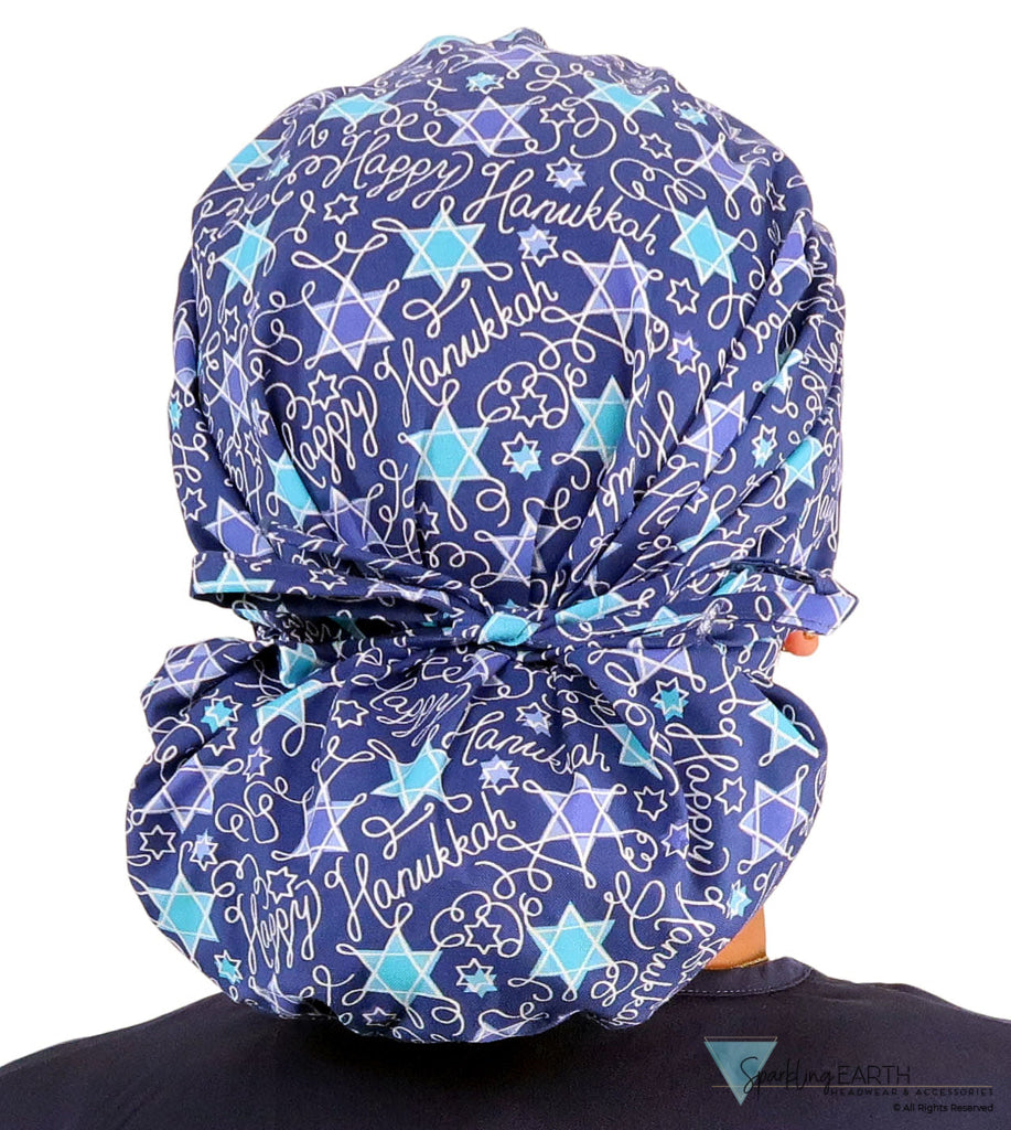 Stylish American Made Banded Bouffant Ponytail Scrub Cap - Happy Hanukkah Banded Bouffant Surgical Scrub Caps