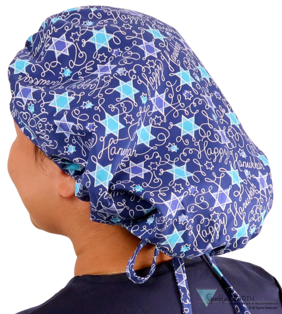 Stylish American Made Banded Bouffant Ponytail Scrub Cap - Happy Hanukkah Banded Bouffant Surgical Scrub Caps