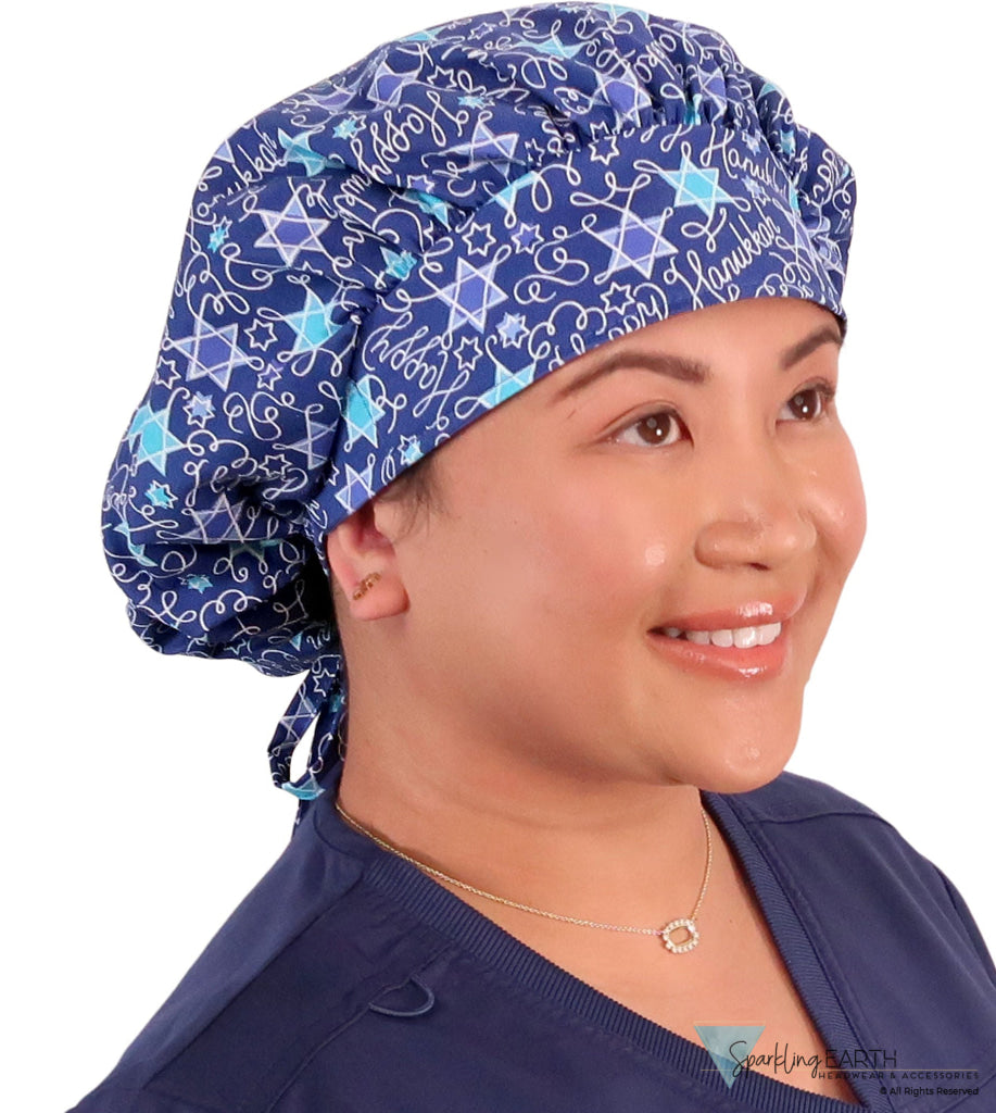 Stylish American Made Banded Bouffant Ponytail Scrub Cap - Happy Hanukkah Banded Bouffant Surgical Scrub Caps