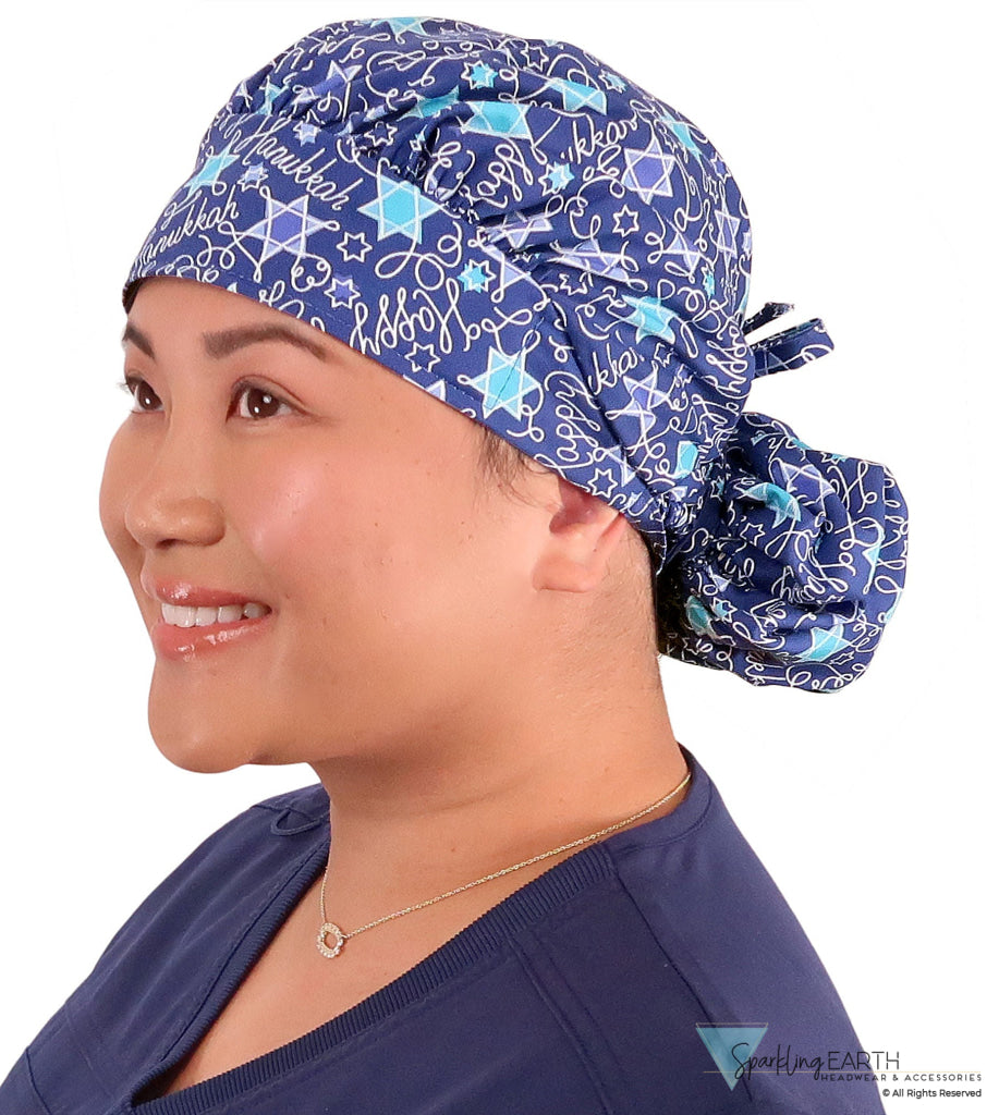 Stylish American Made Banded Bouffant Ponytail Scrub Cap - Happy Hanukkah Banded Bouffant Surgical Scrub Caps