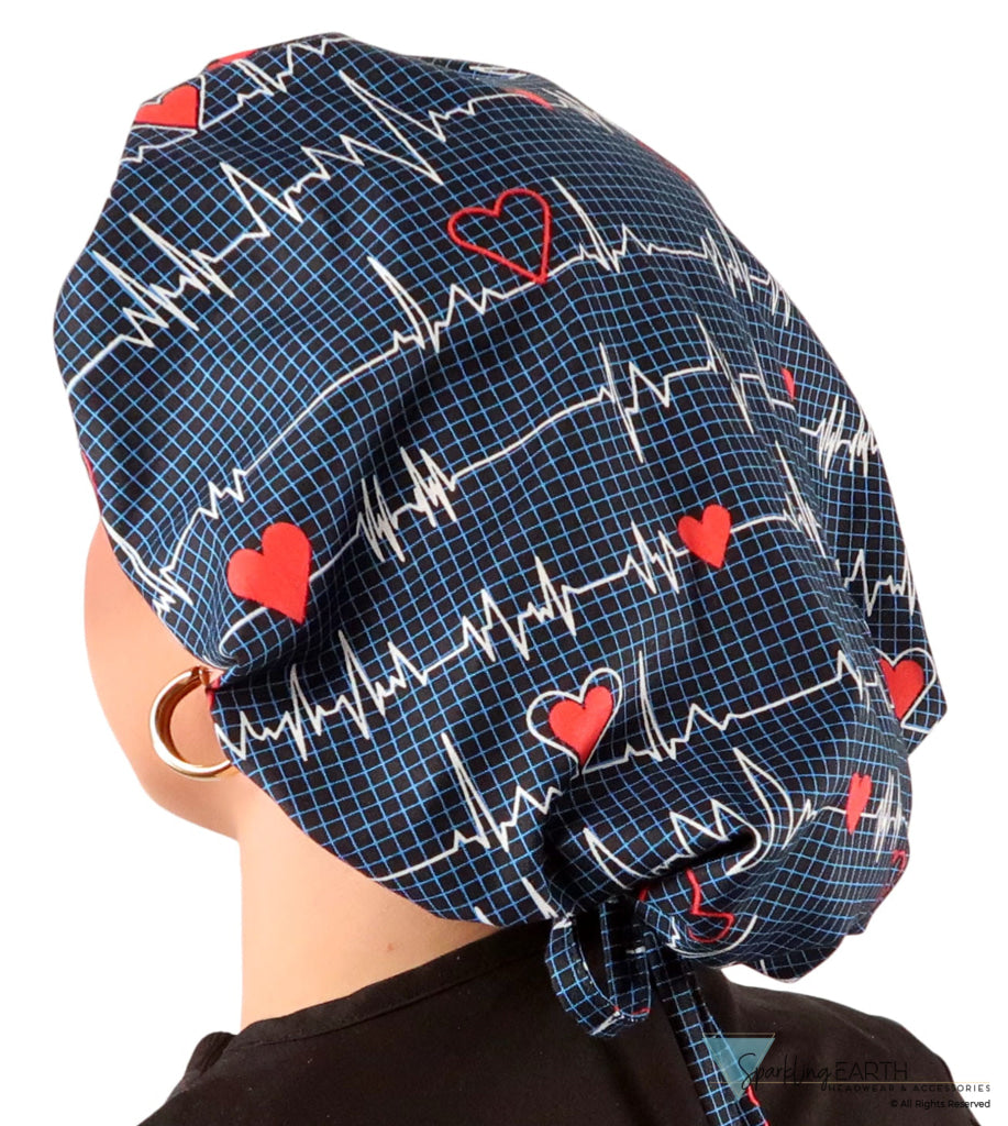 Stylish American Made Banded Bouffant Ponytail Scrub Cap - Heartbeats on Navy SALE-Fall-2025