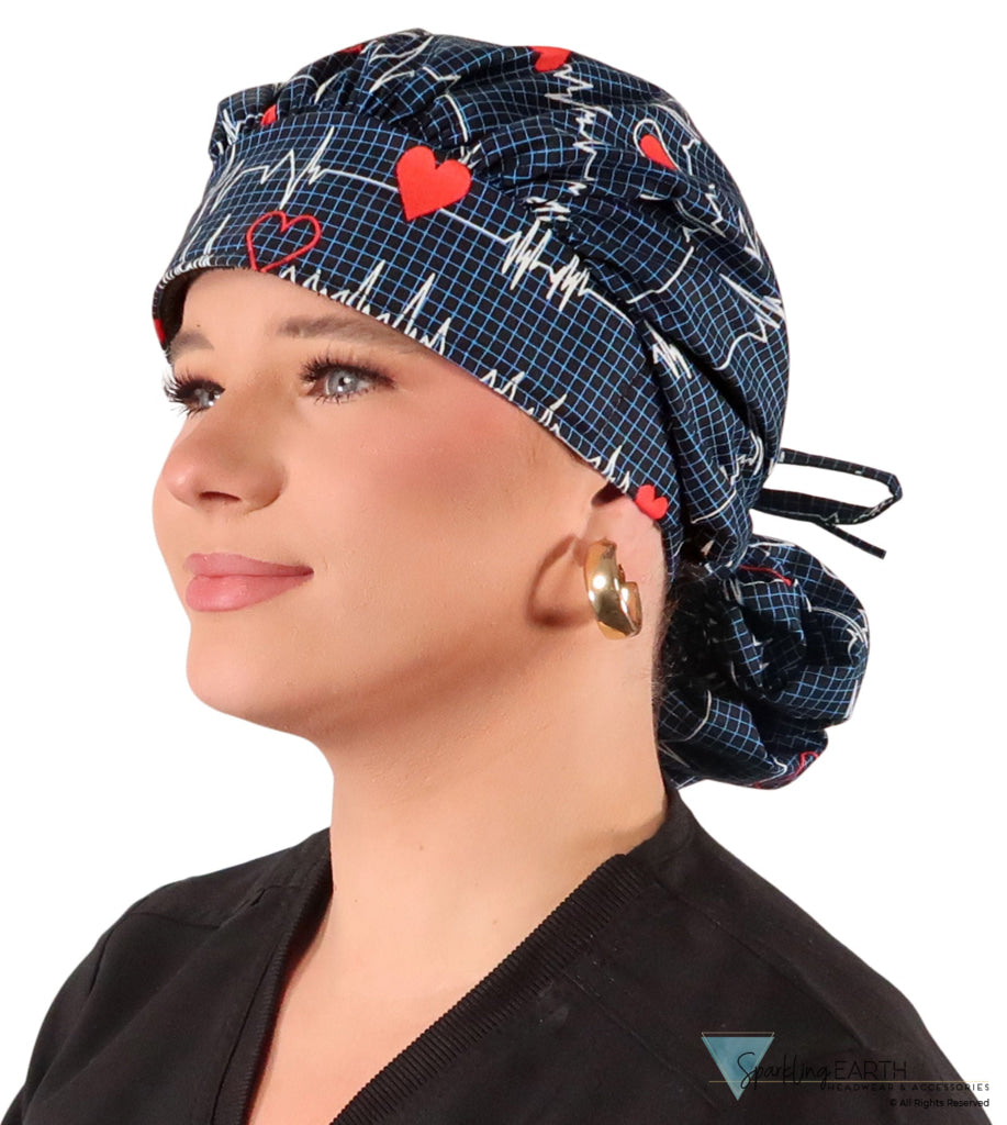 Stylish American Made Banded Bouffant Ponytail Scrub Cap - Heartbeats on Navy SALE-Fall-2025
