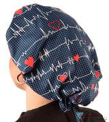 Stylish American Made Banded Bouffant Ponytail Scrub Cap - Heartbeats on Navy Banded Bouffant Surgical Scrub Caps