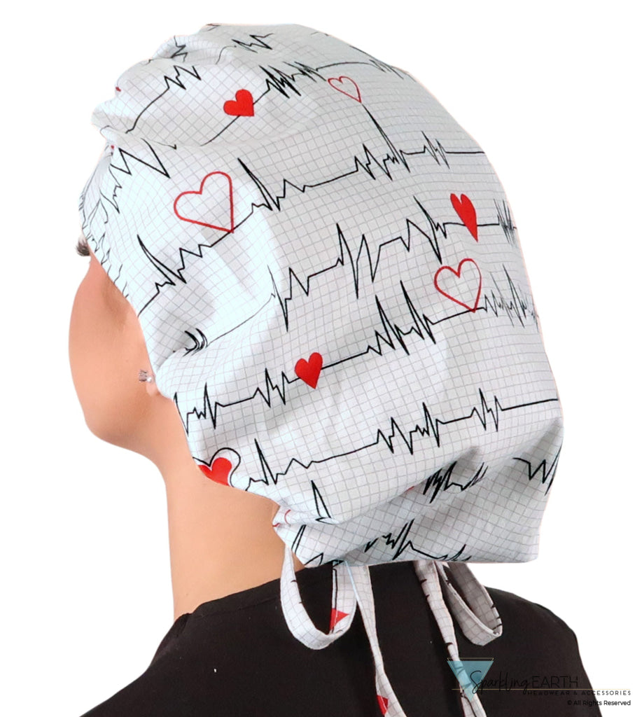 Stylish American Made Banded Bouffant Ponytail Scrub Cap - Heartbeats on White SALE-Fall-2025
