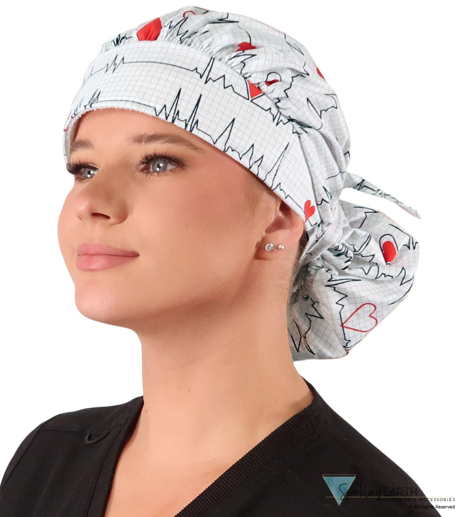 Stylish American Made Banded Bouffant Ponytail Scrub Cap - Heartbeats on White SALE-Fall-2025