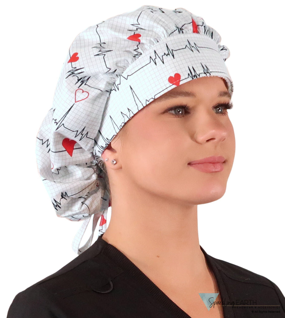 Stylish American Made Banded Bouffant Ponytail Scrub Cap - Heartbeats on White SALE-Fall-2025