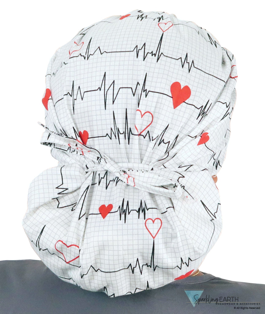Stylish American Made Banded Bouffant Ponytail Scrub Cap - Heartbeats on White SALE-Fall-2025
