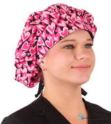 Stylish American Made Banded Bouffant Ponytail Scrub Cap - Hearts Forever with Black Ties Banded Bouffant Surgical