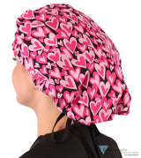 Stylish American Made Banded Bouffant Ponytail Scrub Cap - Hearts Forever with Black Ties Banded Bouffant Surgical