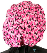 Stylish American Made Banded Bouffant Ponytail Scrub Cap - Hearts Forever with Black Ties Banded Bouffant Surgical