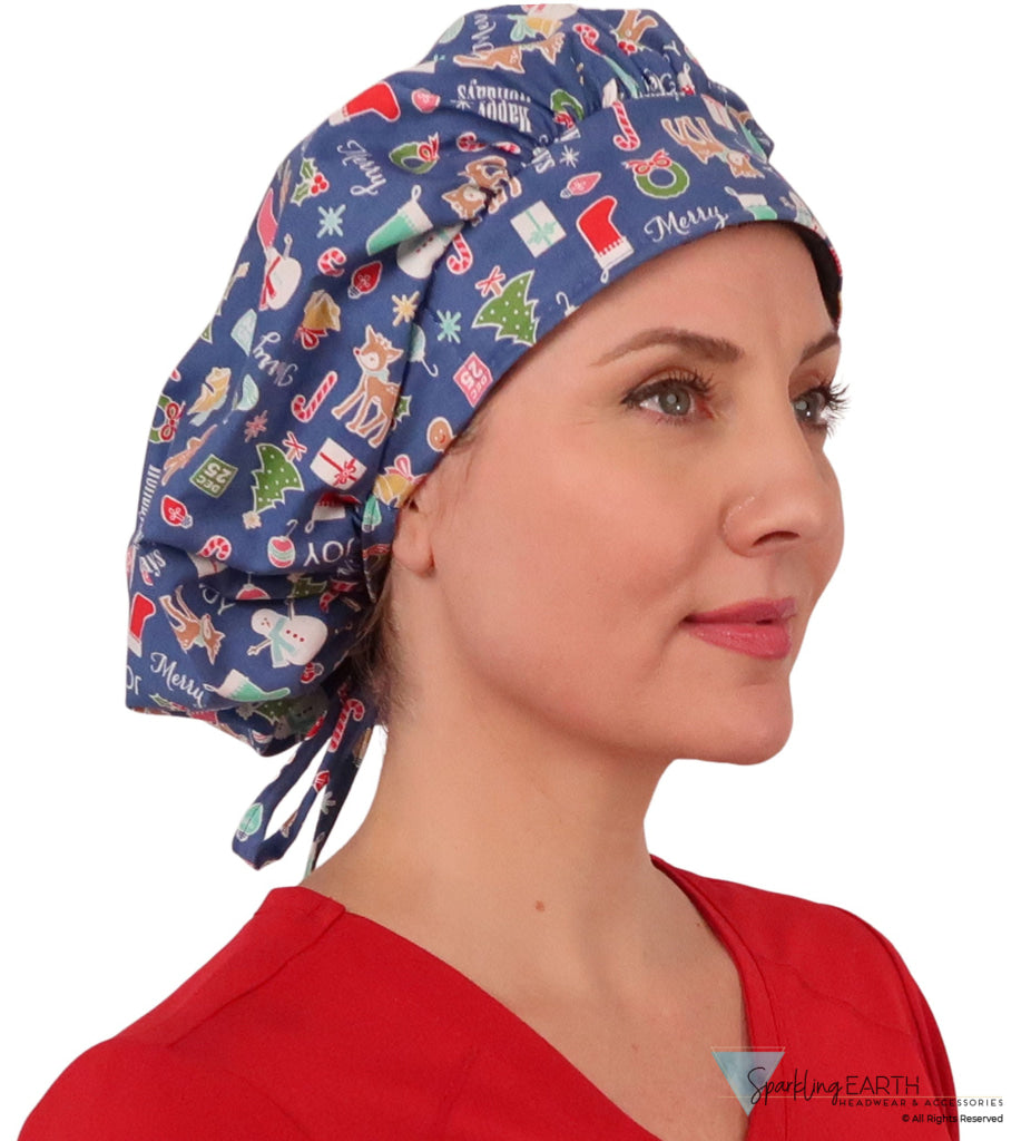 Stylish American Made Banded Bouffant Ponytail Scrub Cap - Holiday Cheer Banded Bouffant Surgical Scrub Caps