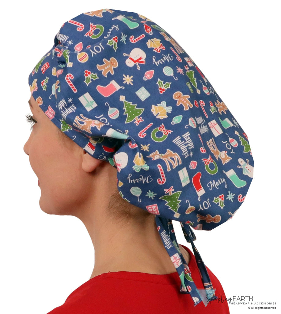 Stylish American Made Banded Bouffant Ponytail Scrub Cap - Holiday Cheer Banded Bouffant Surgical Scrub Caps