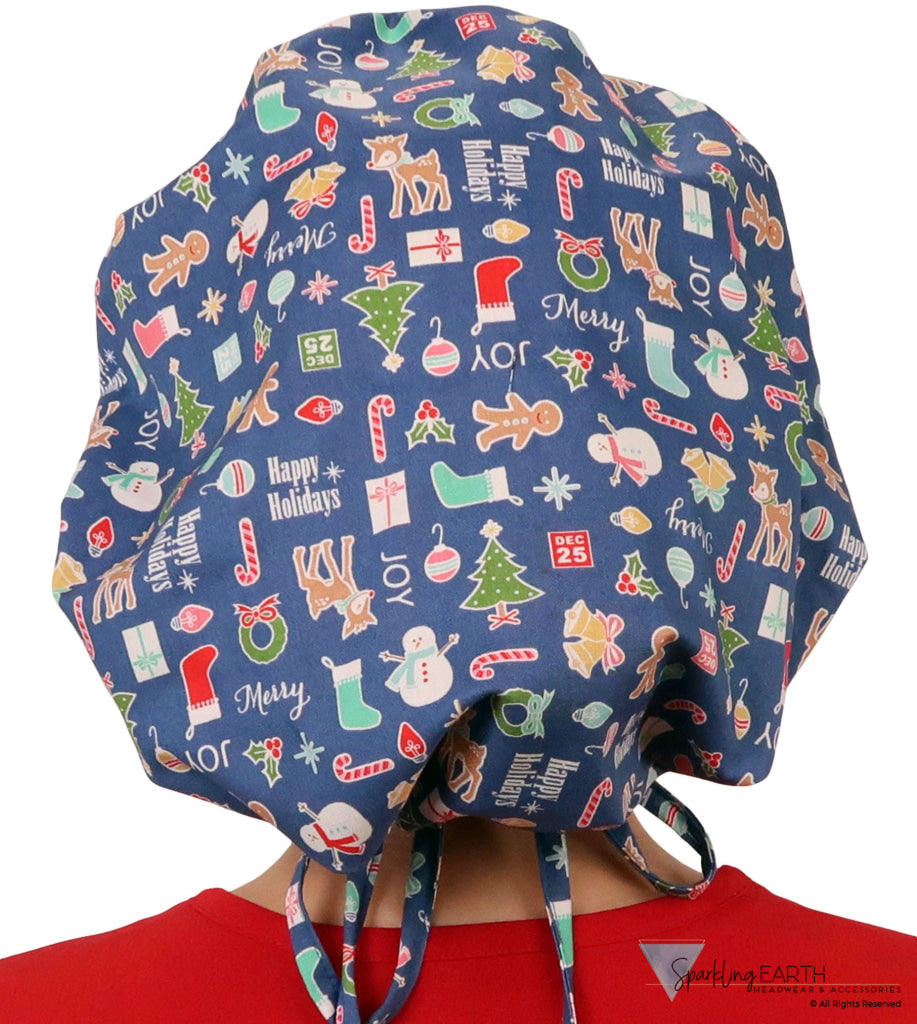 Stylish American Made Banded Bouffant Ponytail Scrub Cap - Holiday Cheer Banded Bouffant Surgical Scrub Caps