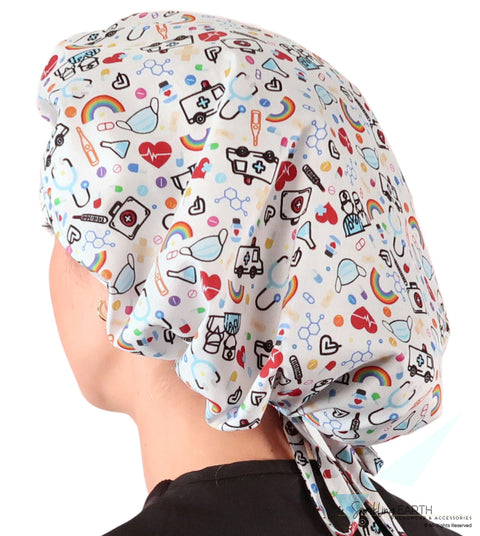 Stylish American Made Banded Bouffant Ponytail Scrub Cap - Hope & Healing on White Banded Bouffant Surgical Scrub Caps