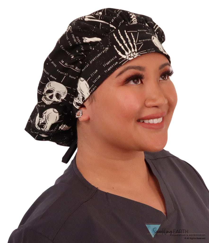 Stylish American Made Banded Bouffant Ponytail Scrub Cap - Human Body Skeletons with Black Ties (Glow in the Dark)