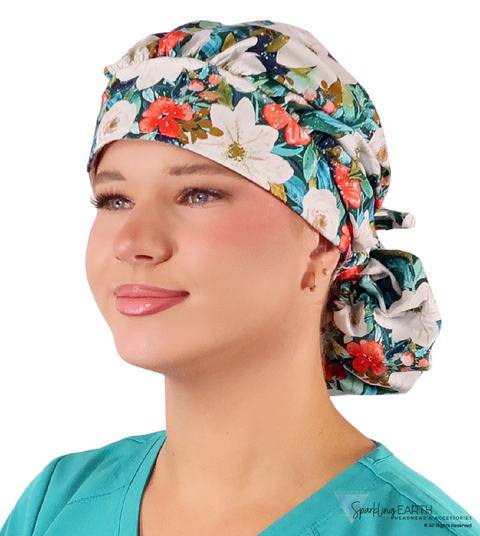 Stylish American Made Banded Bouffant Ponytail Scrub Cap - Lush Winter Foliage Banded Bouffant Surgical Scrub Caps