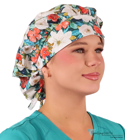 Stylish American Made Banded Bouffant Ponytail Scrub Cap - Lush Winter Foliage Banded Bouffant Surgical Scrub Caps