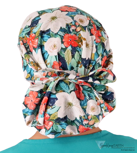 Stylish American Made Banded Bouffant Ponytail Scrub Cap - Lush Winter Foliage Banded Bouffant Surgical Scrub Caps