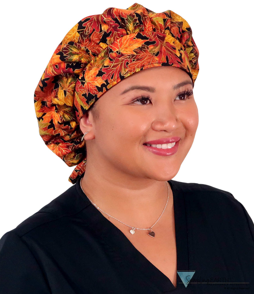 Stylish American Made Banded Bouffant Ponytail Scrub Cap - Metallic Autumn Leaves SALE-Fall-2025