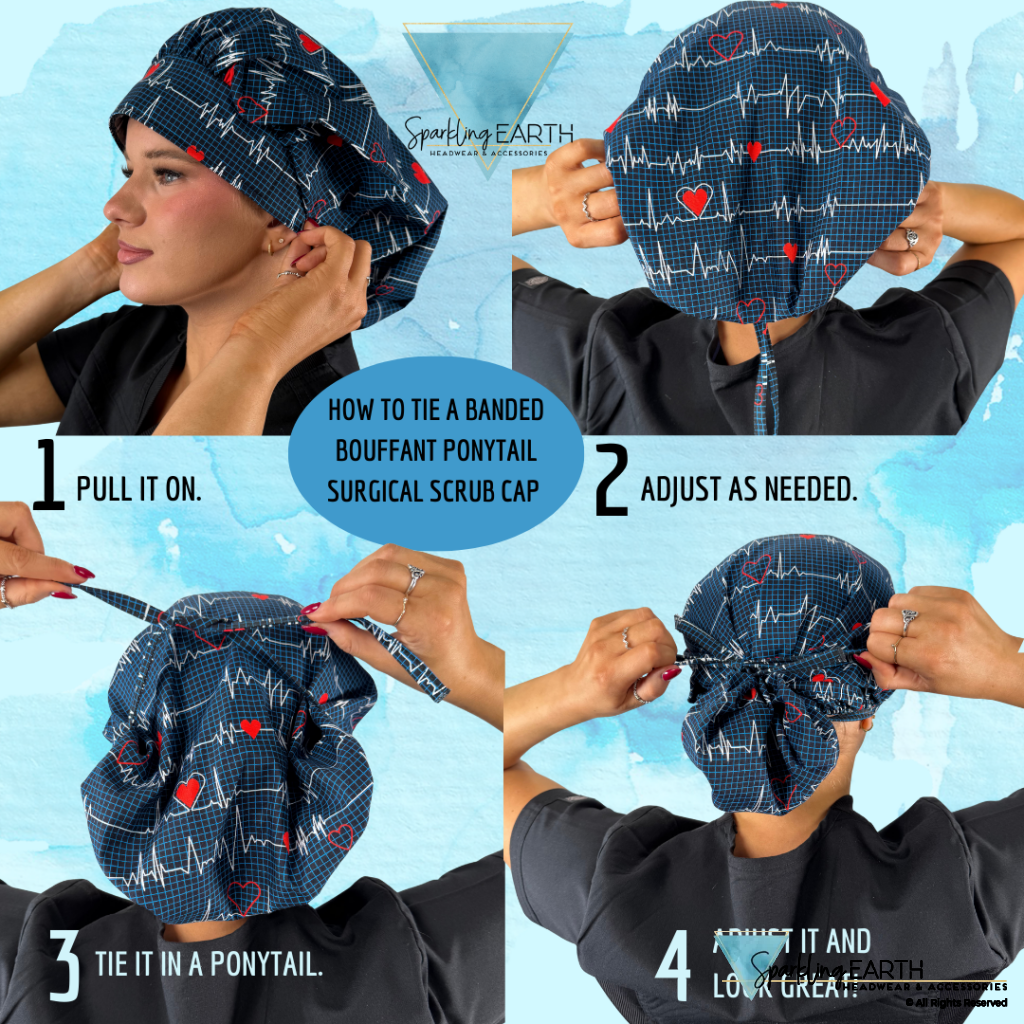 Stylish American Made Banded Bouffant Ponytail Scrub Cap - Precious Posies Banded Bouffant Surgical Scrub Caps