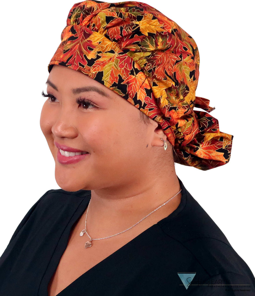 Stylish American Made Banded Bouffant Ponytail Scrub Cap - Metallic Autumn Leaves SALE-Fall-2025