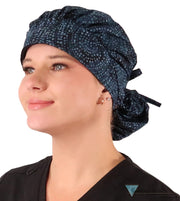 Stylish American Made Banded Bouffant Ponytail Scrub Cap - Midnight Navy Batik Banded Bouffant Surgical Scrub Caps